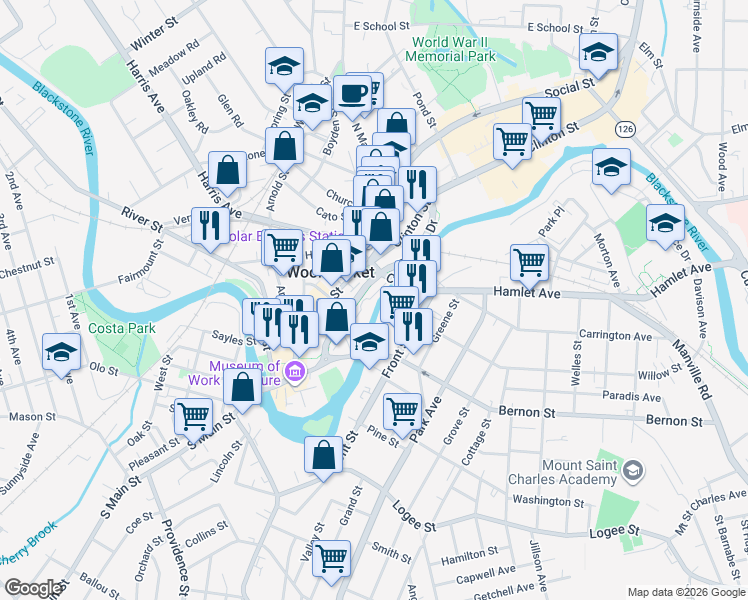 map of restaurants, bars, coffee shops, grocery stores, and more near 119 Front Street in Woonsocket