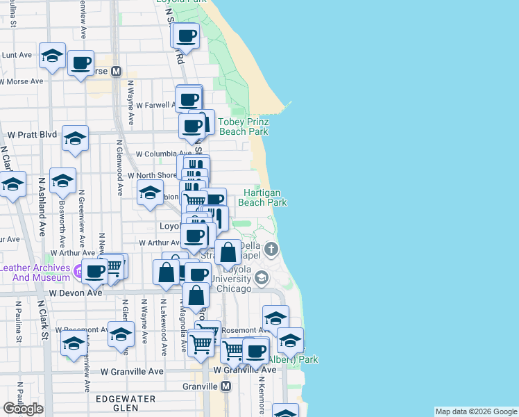 map of restaurants, bars, coffee shops, grocery stores, and more near 1020 West Loyola Avenue in Chicago