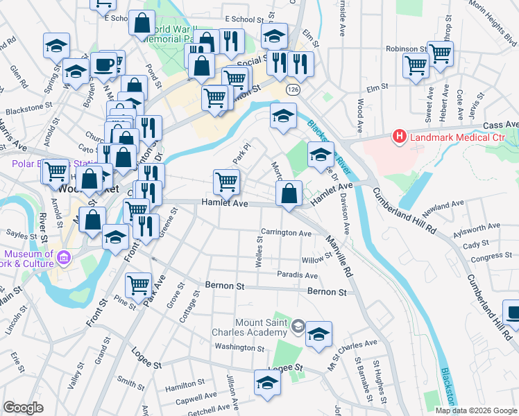 map of restaurants, bars, coffee shops, grocery stores, and more near 81 Hamlet Avenue in Woonsocket