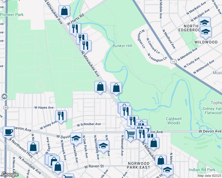 map of restaurants, bars, coffee shops, grocery stores, and more near 6631 North Milwaukee Avenue in Niles