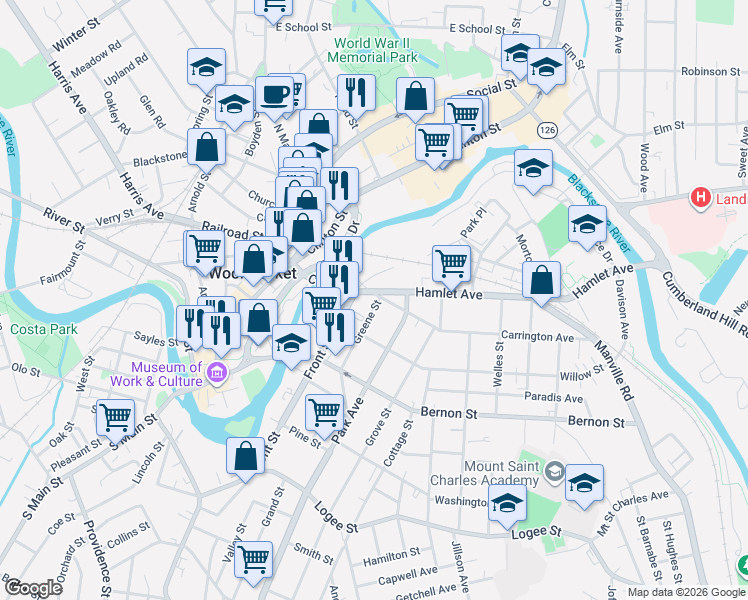 map of restaurants, bars, coffee shops, grocery stores, and more near 40 Greene Street in North Smithfield