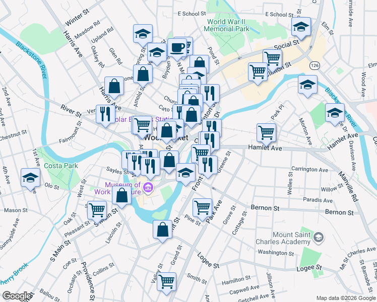 map of restaurants, bars, coffee shops, grocery stores, and more near 119 Front Street in Woonsocket