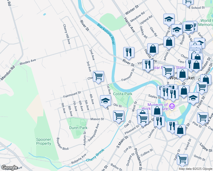 map of restaurants, bars, coffee shops, grocery stores, and more near 118 1st Avenue in Woonsocket