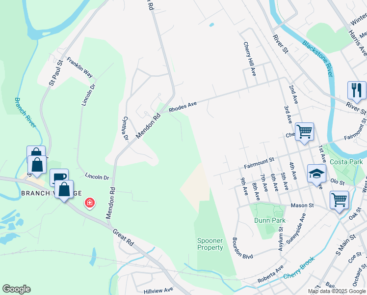 map of restaurants, bars, coffee shops, grocery stores, and more near 10 Rhodes Avenue in North Smithfield