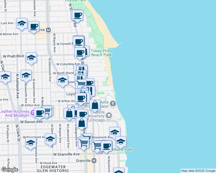 map of restaurants, bars, coffee shops, grocery stores, and more near 1026 West Loyola Avenue in Chicago