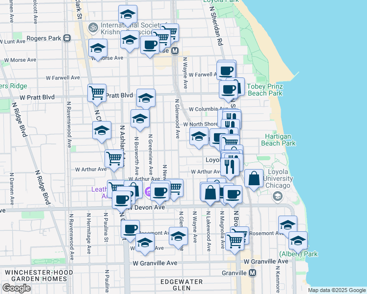 map of restaurants, bars, coffee shops, grocery stores, and more near 1320 West Loyola Avenue in Chicago