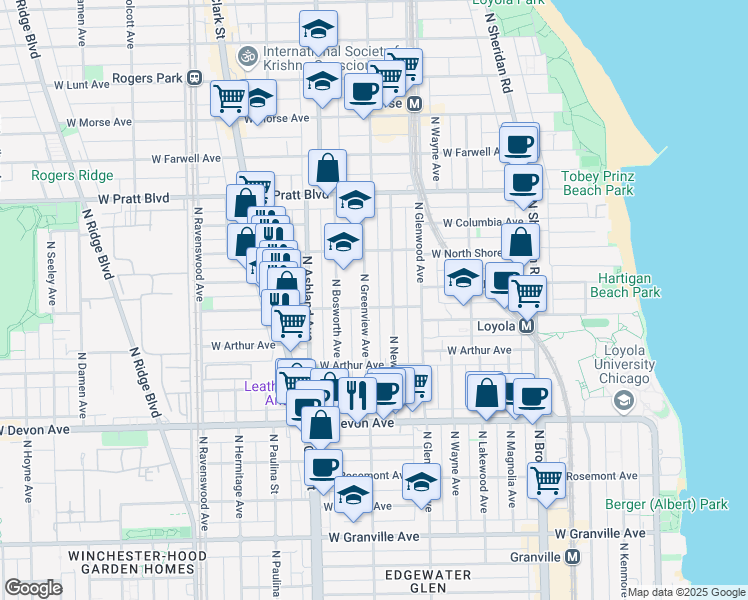 map of restaurants, bars, coffee shops, grocery stores, and more near 1439 West Albion Avenue in Chicago