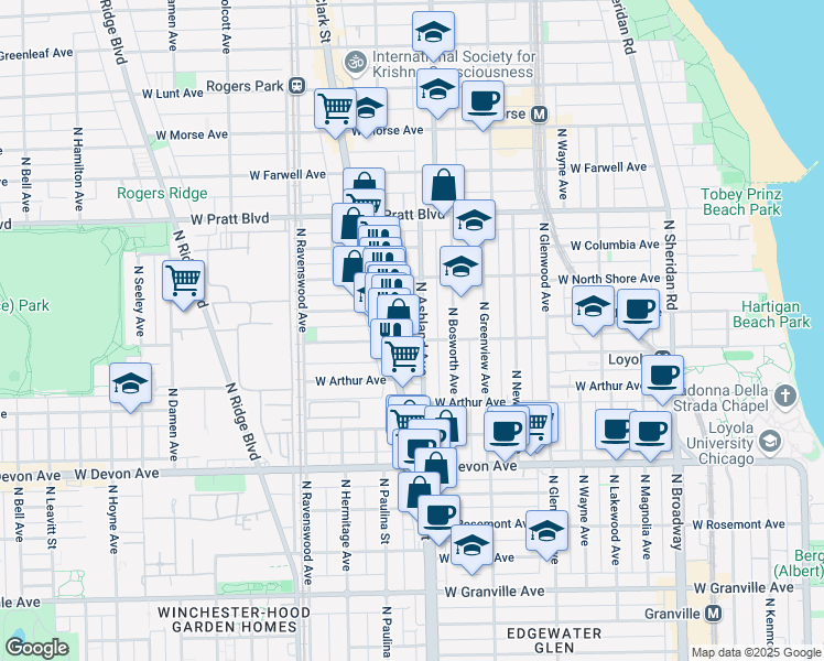 map of restaurants, bars, coffee shops, grocery stores, and more near 6556 North Ashland Avenue in Chicago
