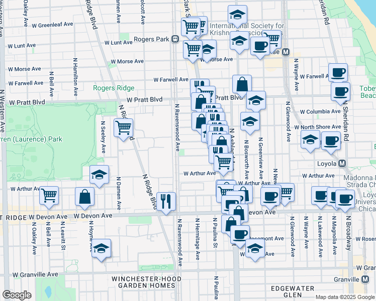map of restaurants, bars, coffee shops, grocery stores, and more near 6557 North Ravenswood Avenue in Chicago