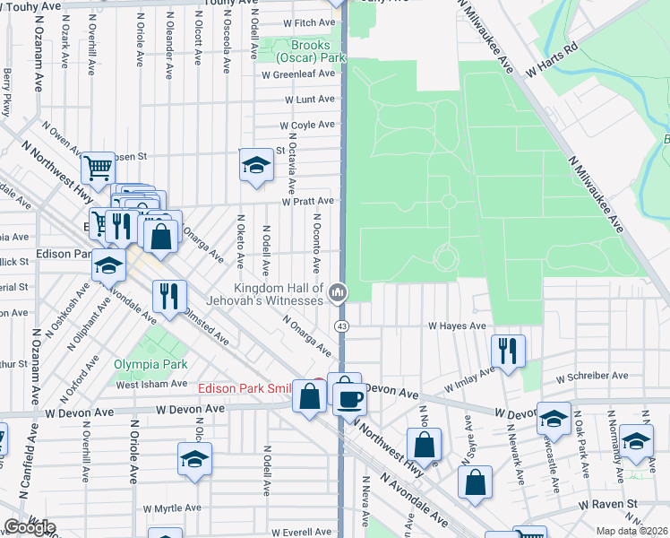 map of restaurants, bars, coffee shops, grocery stores, and more near 6620 North Harlem Avenue in Chicago