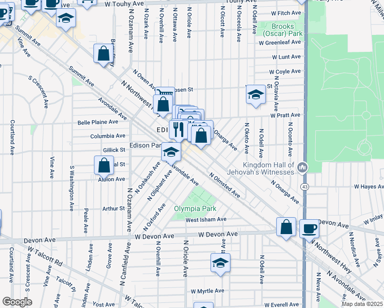 map of restaurants, bars, coffee shops, grocery stores, and more near 6669 North Olmsted Avenue in Chicago