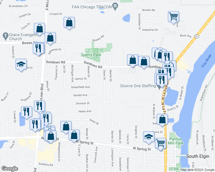 map of restaurants, bars, coffee shops, grocery stores, and more near 582 Dean Street in South Elgin