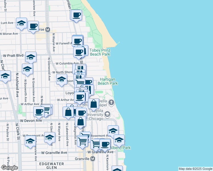 map of restaurants, bars, coffee shops, grocery stores, and more near 1026 West Loyola Avenue in Chicago