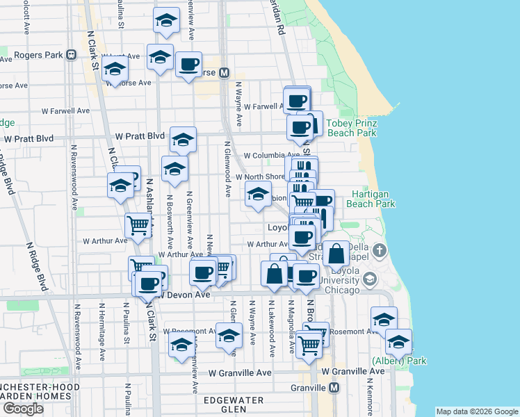 map of restaurants, bars, coffee shops, grocery stores, and more near 6570 North Lakewood Avenue in Chicago
