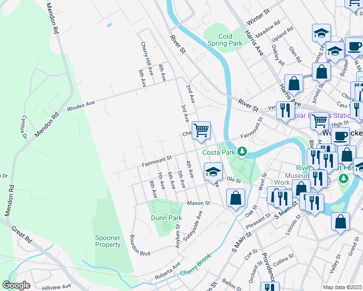 map of restaurants, bars, coffee shops, grocery stores, and more near 286 4th Avenue in Woonsocket