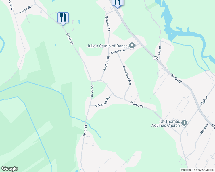 map of restaurants, bars, coffee shops, grocery stores, and more near 14 Aldrich Road in West Bridgewater