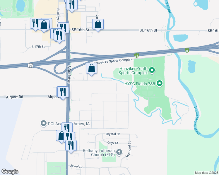 map of restaurants, bars, coffee shops, grocery stores, and more near 528 Billy Sunday Road in Ames