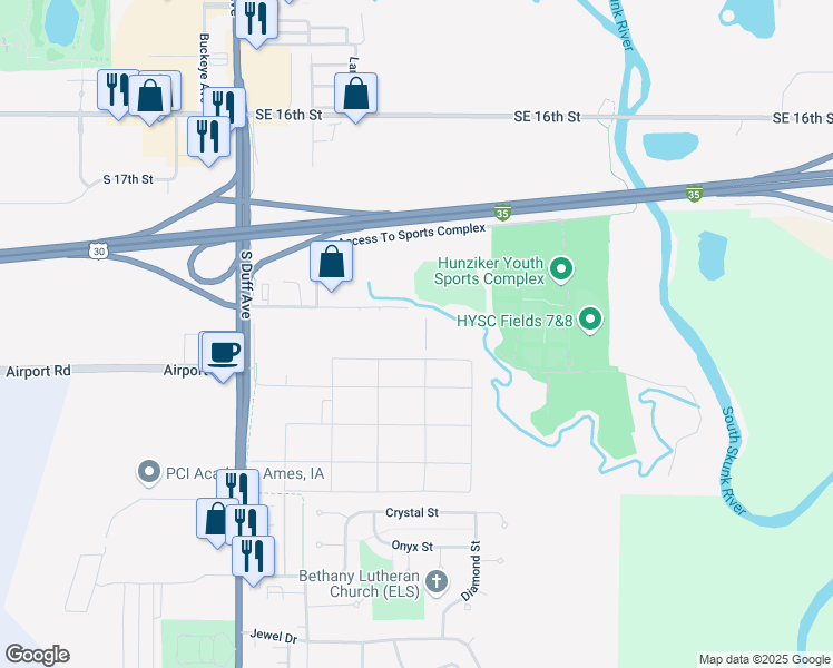 map of restaurants, bars, coffee shops, grocery stores, and more near 614 Billy Sunday Road in Ames