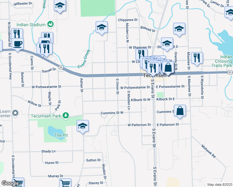 map of restaurants, bars, coffee shops, grocery stores, and more near 401 Kilbuck Street West in Tecumseh