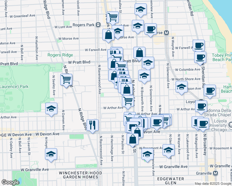 map of restaurants, bars, coffee shops, grocery stores, and more near 1729 West Albion Avenue in Chicago