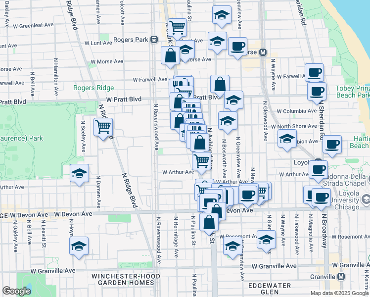 map of restaurants, bars, coffee shops, grocery stores, and more near 6558 North Clark Street in Chicago