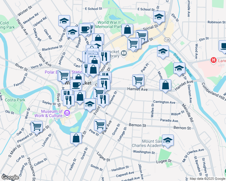 map of restaurants, bars, coffee shops, grocery stores, and more near 40 Greene Street in North Smithfield