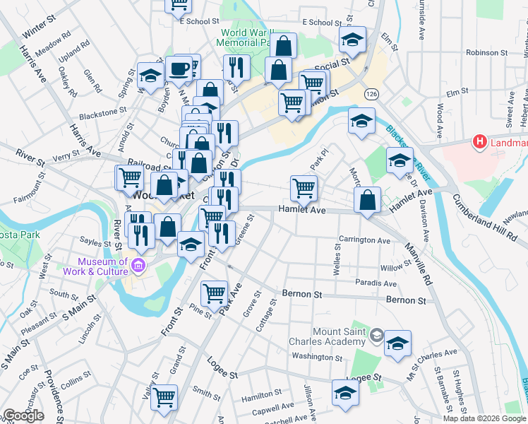 map of restaurants, bars, coffee shops, grocery stores, and more near 61 Park Avenue in Woonsocket
