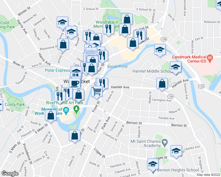 map of restaurants, bars, coffee shops, grocery stores, and more near 40 Greene Street in North Smithfield