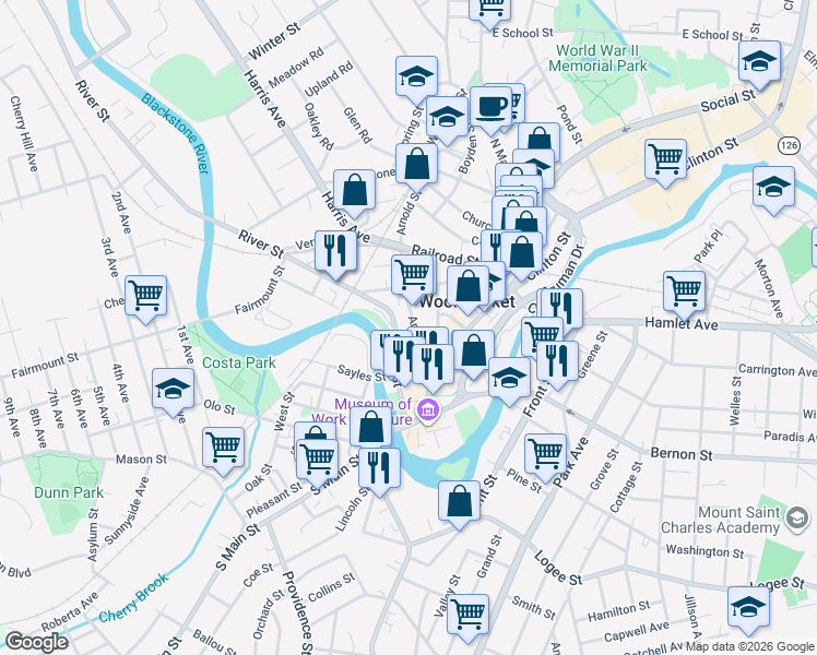 map of restaurants, bars, coffee shops, grocery stores, and more near 100 Arnold Street in Woonsocket
