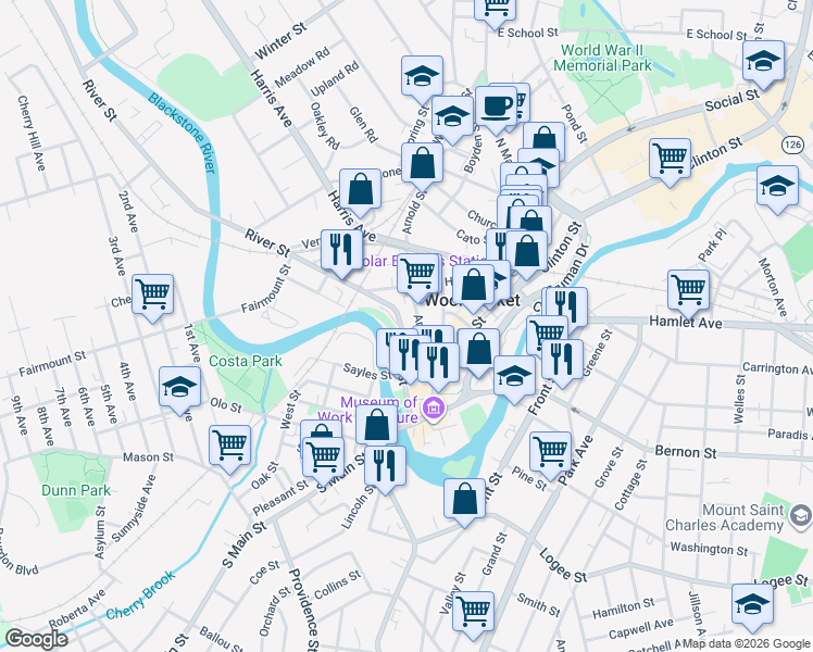 map of restaurants, bars, coffee shops, grocery stores, and more near 100 Arnold Street in Woonsocket