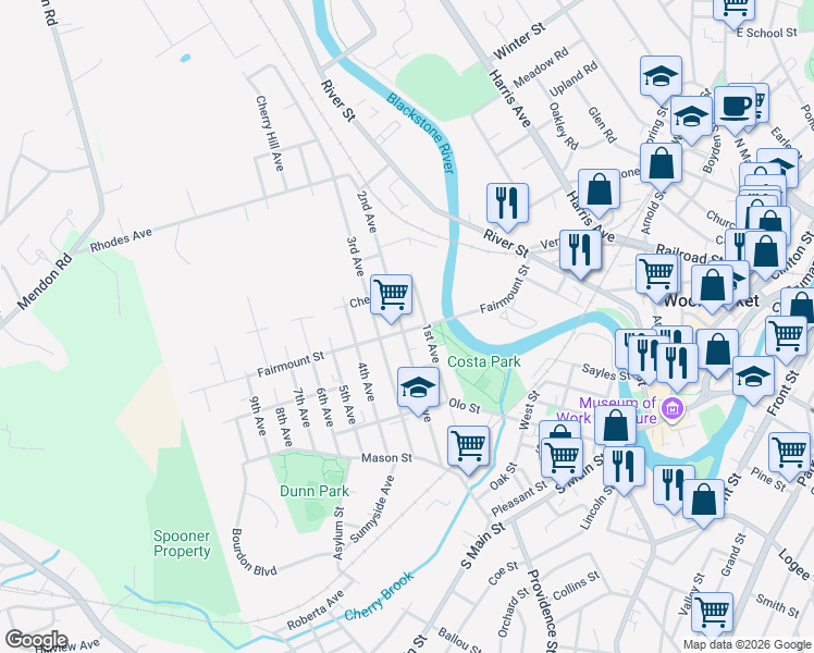 map of restaurants, bars, coffee shops, grocery stores, and more near 239 3rd Avenue in Woonsocket