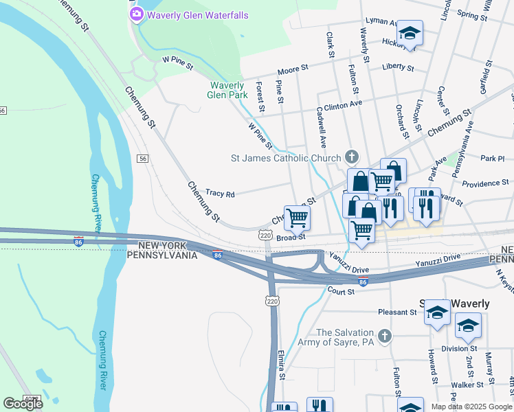 map of restaurants, bars, coffee shops, grocery stores, and more near 105 Chemung Street in Candor