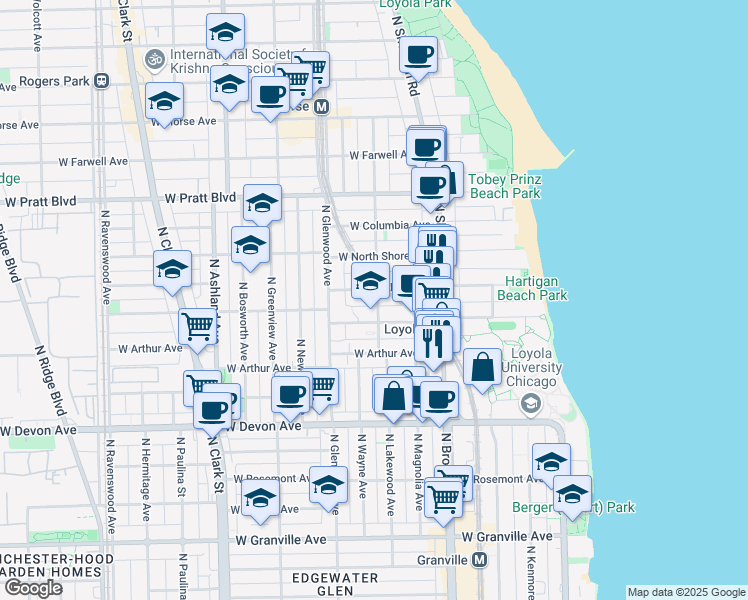 map of restaurants, bars, coffee shops, grocery stores, and more near 1254 West Loyola Avenue in Chicago