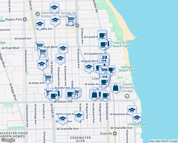 map of restaurants, bars, coffee shops, grocery stores, and more near 1320 West Loyola Avenue in Chicago