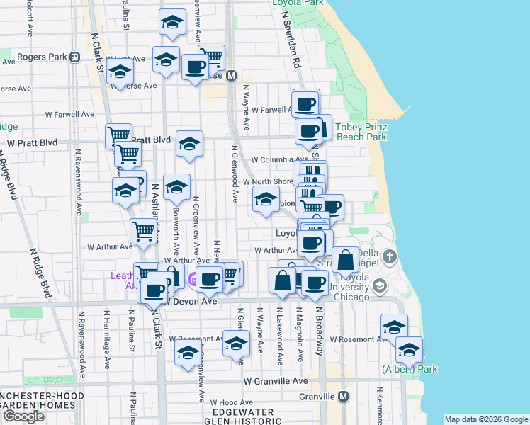 map of restaurants, bars, coffee shops, grocery stores, and more near 1320 West Loyola Avenue in Chicago