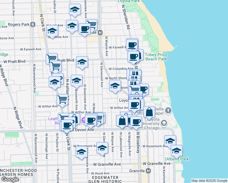 map of restaurants, bars, coffee shops, grocery stores, and more near 1320 West Loyola Avenue in Chicago