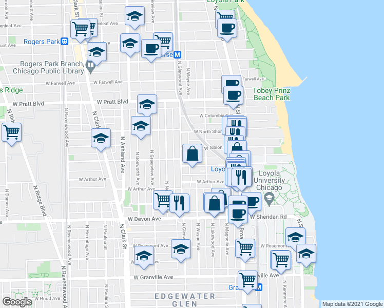 map of restaurants, bars, coffee shops, grocery stores, and more near 1320 West Loyola Avenue in Chicago