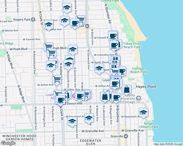 map of restaurants, bars, coffee shops, grocery stores, and more near 1320 West Loyola Avenue in Chicago