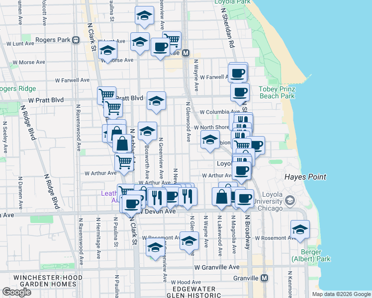 map of restaurants, bars, coffee shops, grocery stores, and more near 6552 North Glenwood Avenue in Chicago