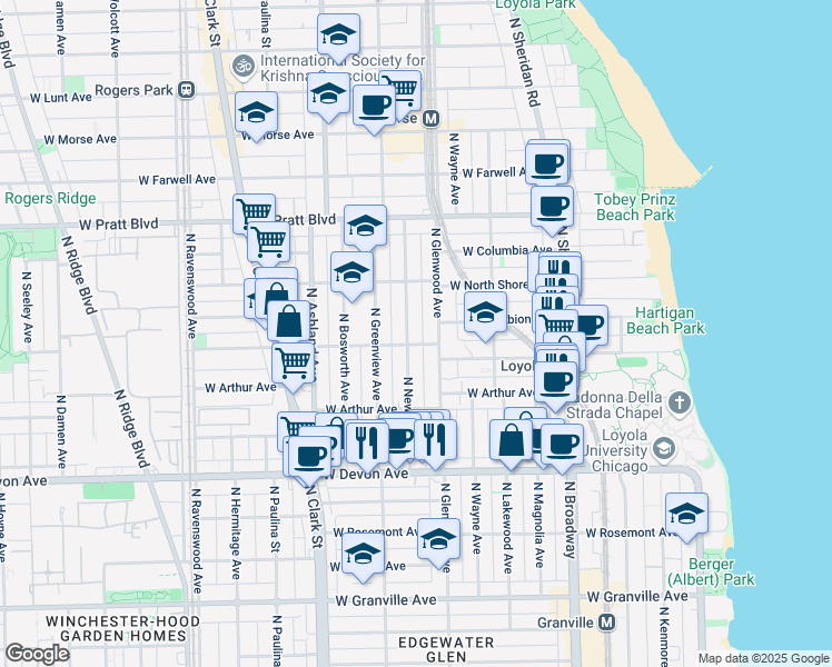 map of restaurants, bars, coffee shops, grocery stores, and more near 6552 North Glenwood Avenue in Chicago