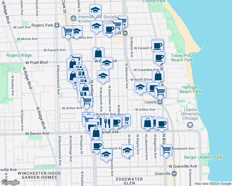 map of restaurants, bars, coffee shops, grocery stores, and more near 1439 West Albion Avenue in Chicago