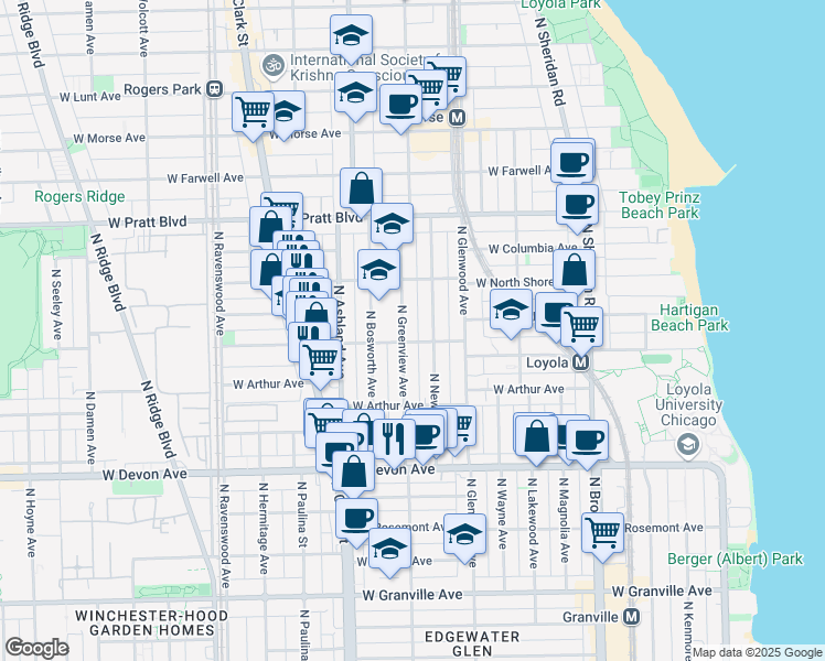 map of restaurants, bars, coffee shops, grocery stores, and more near 1439 West Albion Avenue in Chicago