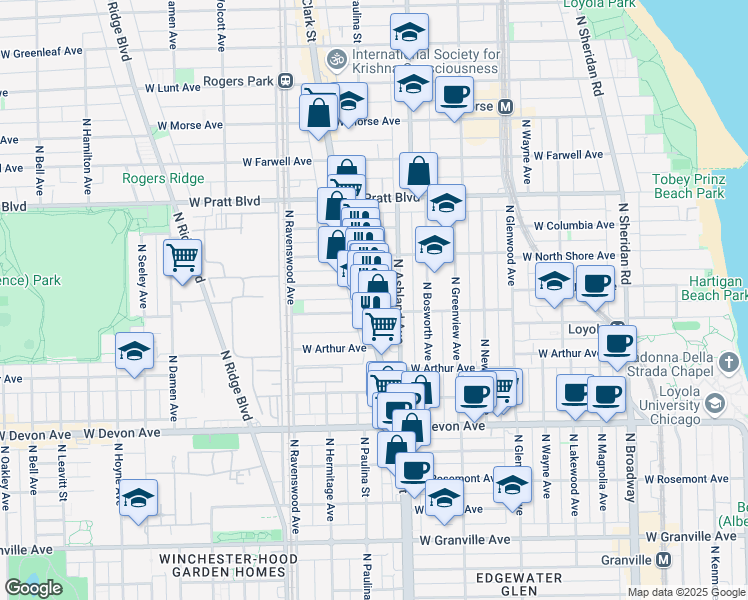 map of restaurants, bars, coffee shops, grocery stores, and more near 6558 North Clark Street in Chicago