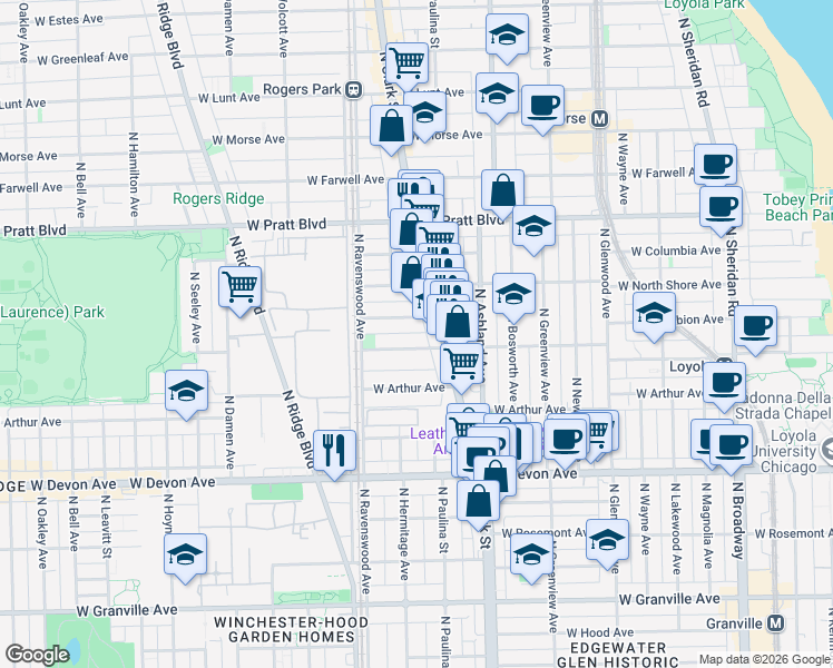 map of restaurants, bars, coffee shops, grocery stores, and more near 1729 West Albion Avenue in Chicago
