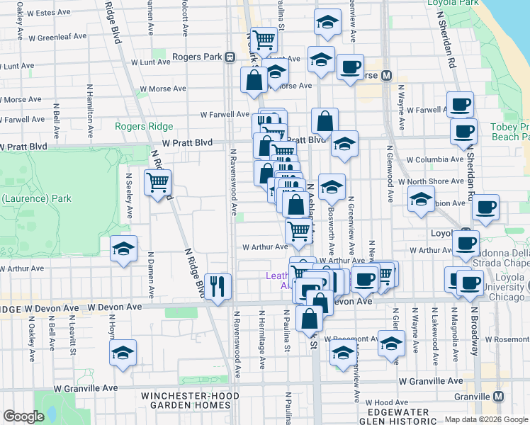 map of restaurants, bars, coffee shops, grocery stores, and more near 1729 West Albion Avenue in Chicago