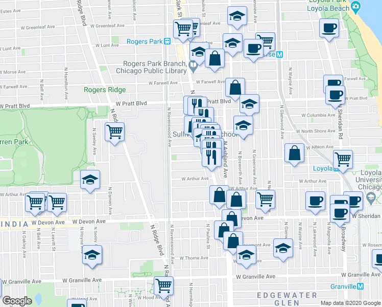 map of restaurants, bars, coffee shops, grocery stores, and more near 1729 West Albion Avenue in Chicago