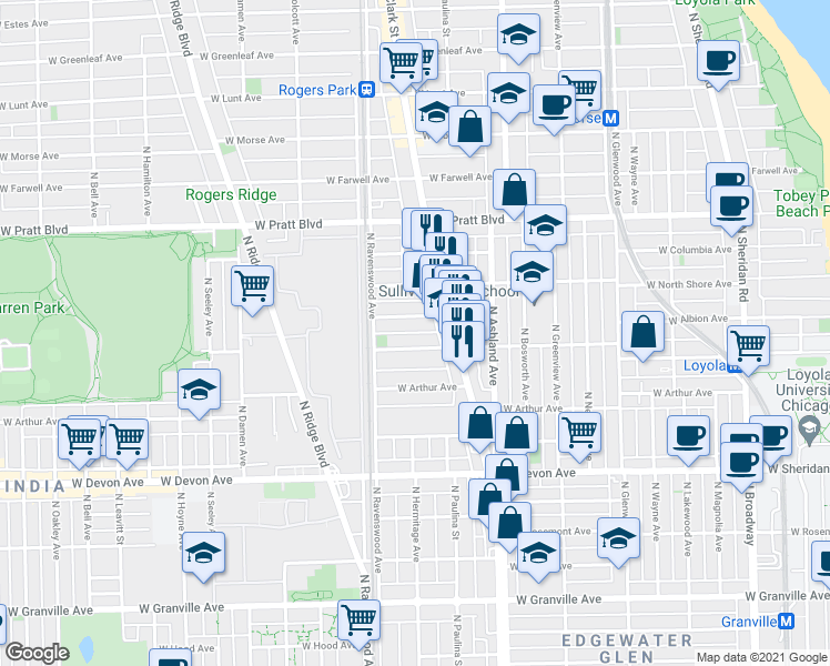 map of restaurants, bars, coffee shops, grocery stores, and more near 1729 West Albion Avenue in Chicago