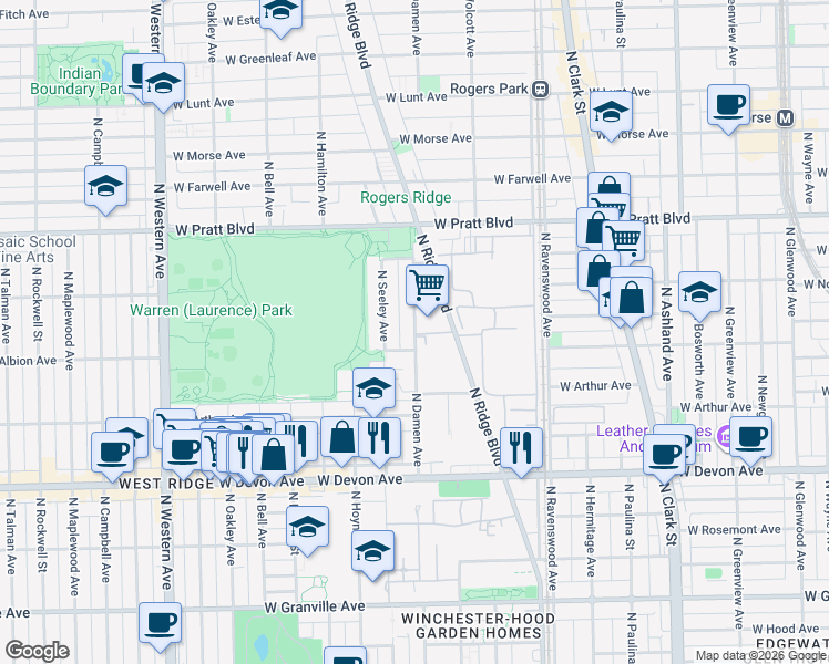 map of restaurants, bars, coffee shops, grocery stores, and more near 6561 West Albion Avenue in Chicago