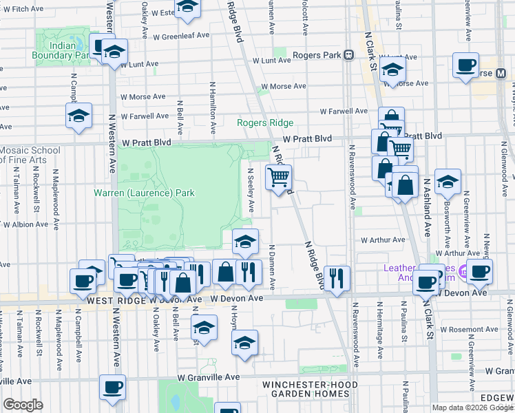 map of restaurants, bars, coffee shops, grocery stores, and more near 6561 West Albion Avenue in Chicago