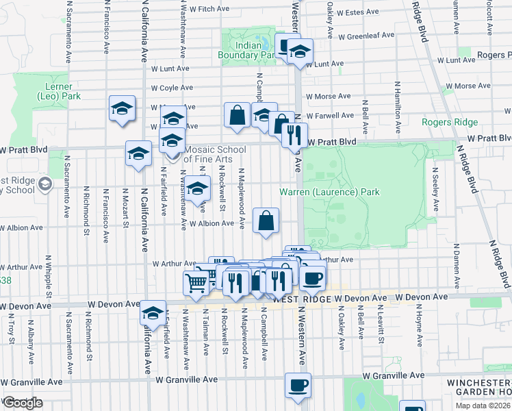 map of restaurants, bars, coffee shops, grocery stores, and more near 6604 North Campbell Avenue in Chicago